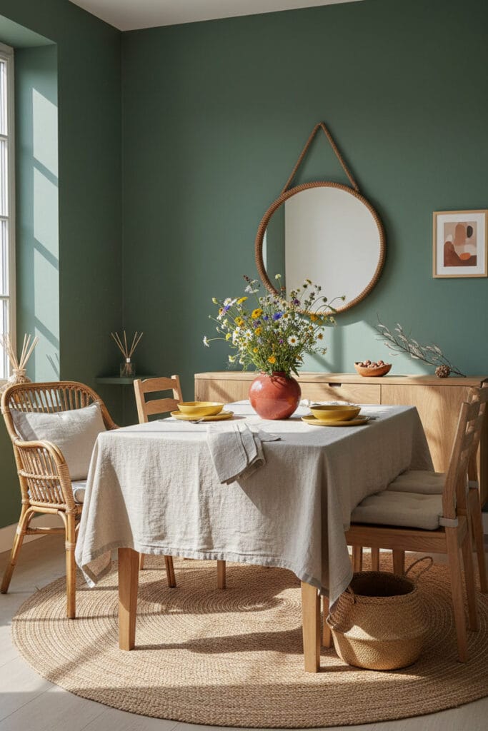 Salle à manger bohème et cosy de jour avec mur vert sauge, accents rouge brique et moutarde, et décor d'été en lin.