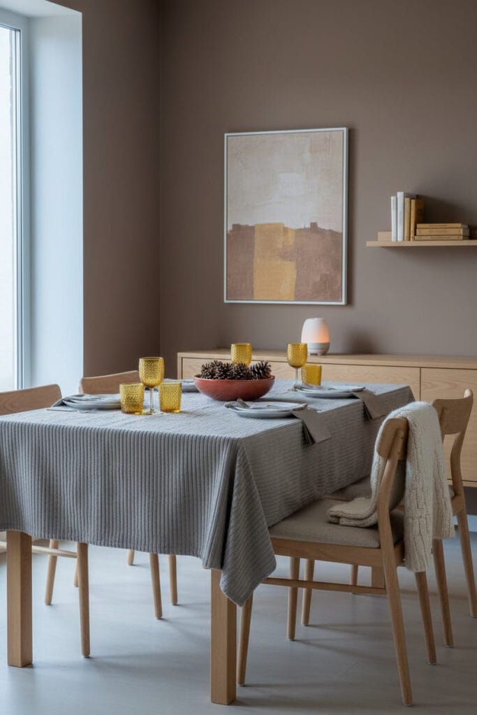 Salle à manger contemporaine et cosy d'hiver avec mur taupe, velours côtelé et accents moutarde.