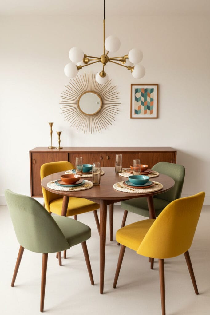 Salle à manger Mid-Century Moderne avec table ronde en noyer et mix de sièges confortables