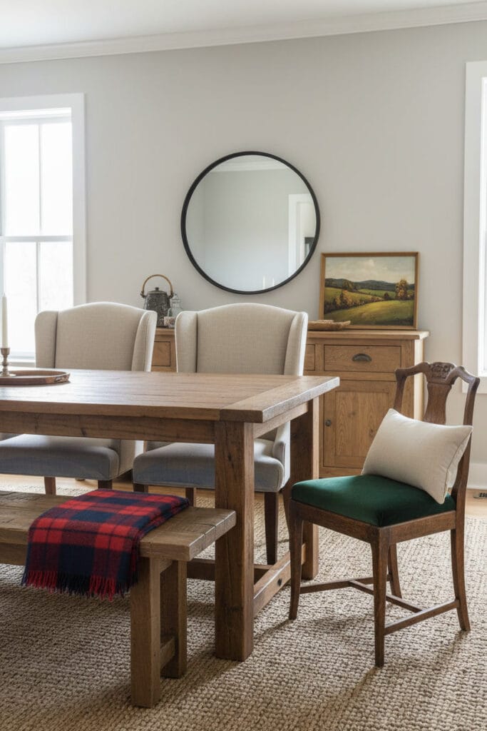 Salle à manger campagne moderne avec mix de sièges personnalisés : fauteuils, banc et chaises vintage.