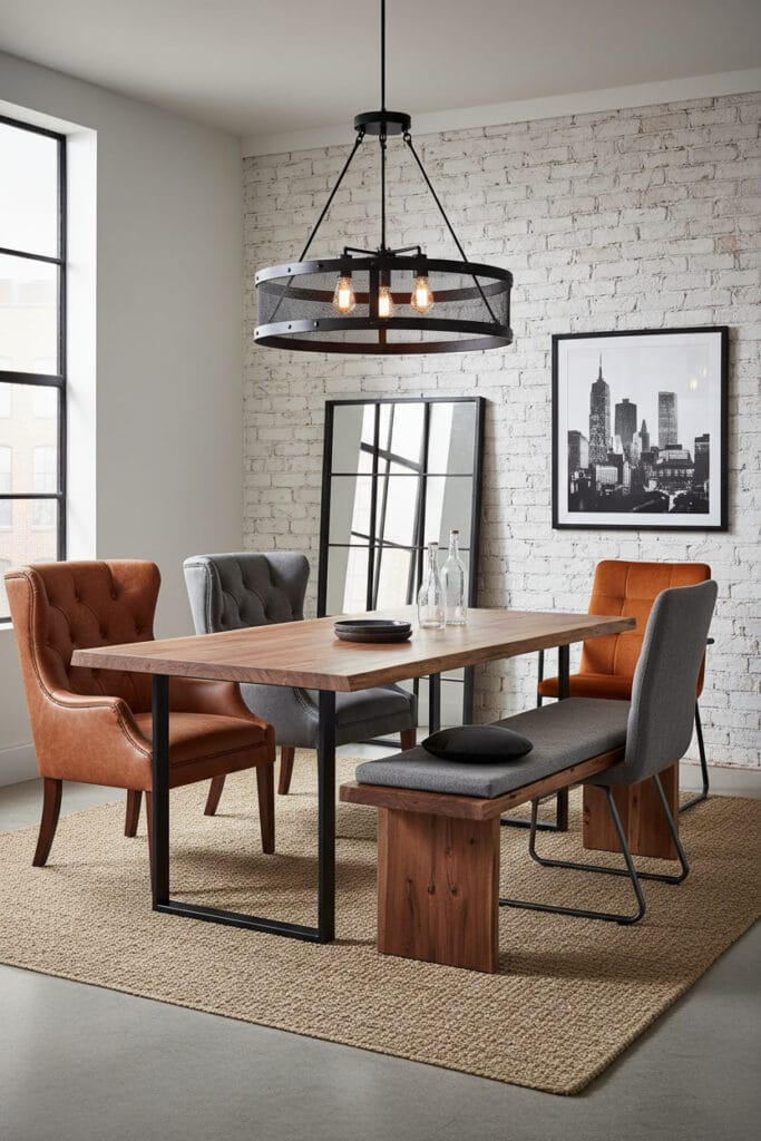 Salle à manger industrielle douce avec mix ergonomique de fauteuils en cuir, banc et chaises métal.