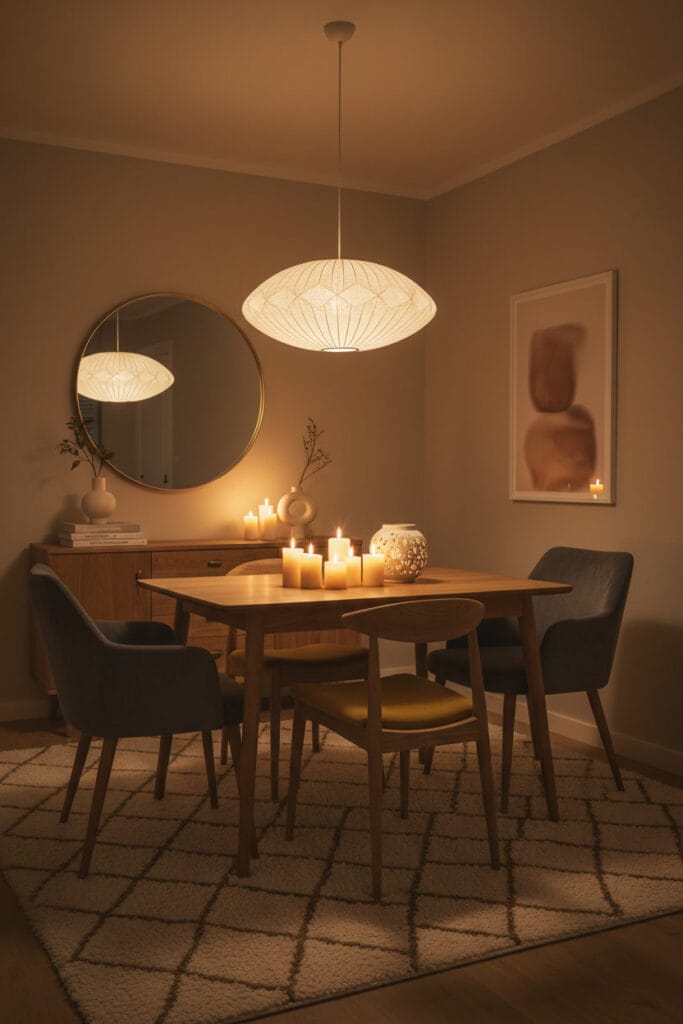 Ambiance cosy du soir dans une salle à manger moderne, éclairée par une suspension washi et des bougies.