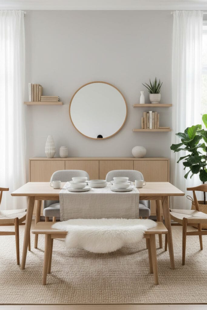 Salle à manger scandinave parfaite et équilibrée de jour, avec table en bois clair, banc avec fausse fourrure, buffet et étagères décoratives.