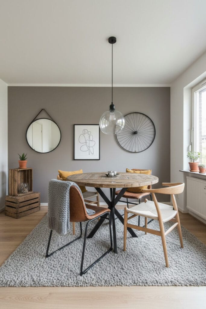 Salle à manger industrielle douce dans un appartement standard, avec table ronde en bois recyclé et mix de chaises personnalisé.