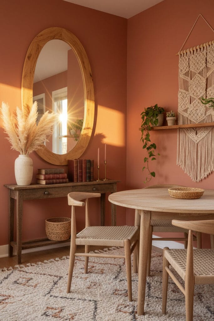 Coin salle à manger bohème cosy en fin de journée, avec un grand miroir ovale en bois reflétant la lumière et une console décorée.
