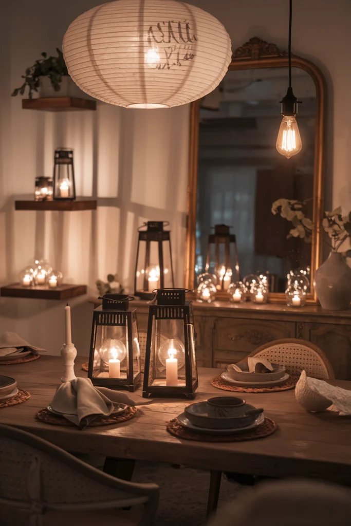 Décoration salle à manger avec éclairage cosy : suspension en papier washi, bougies LED et miroir doré pour une ambiance chaleureuse