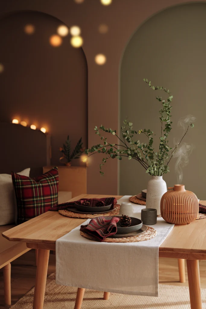 Décoration salle à manger cosy avec mur taupe, touches de rouge brique et matières naturelles pour une ambiance conviviale