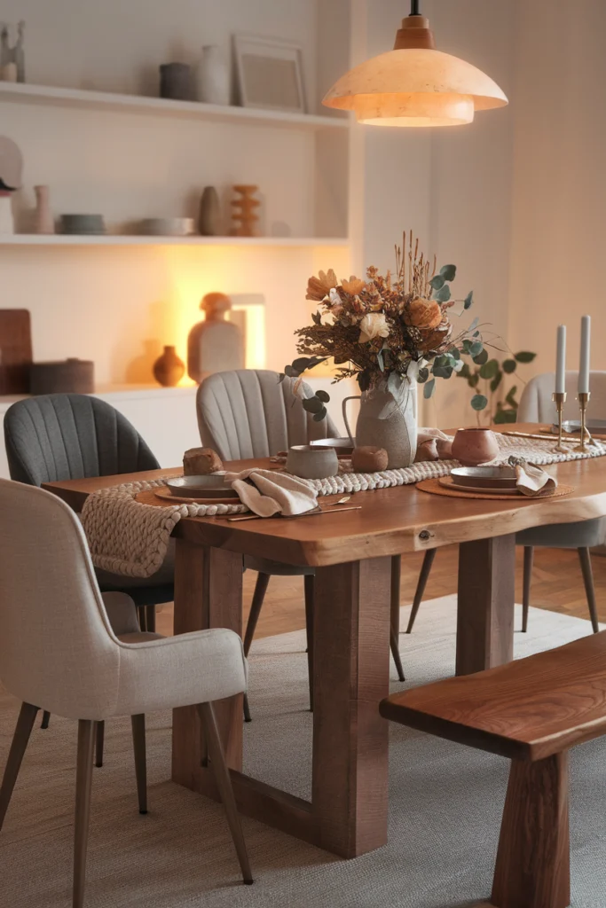 Table à manger en chêne massif avec plateau en liège et dessous de table en feutrine pour une ambiance cosy et silencieuse
