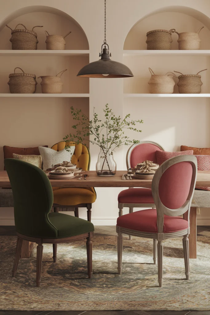 Mix de chaises design pour salle à manger : fauteuils capitonnés, chaises vintage et banc rustique avec coussins d'appoint ergonomiques