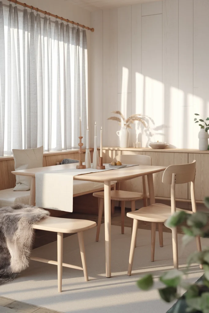 Salle à manger scandinave avec table en bois clair, textiles naturels et ambiance hygge chaleureuse