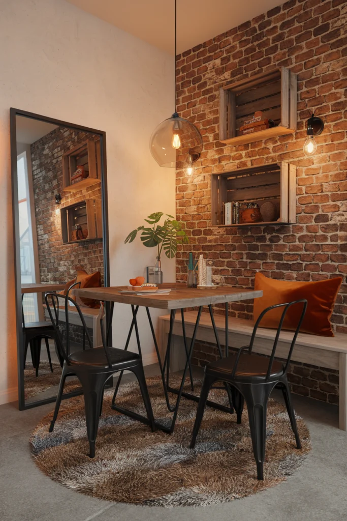 Petite salle à manger industrielle cosy avec table en bois recyclé, métal noir et touches chaleureuses pour espace réduit