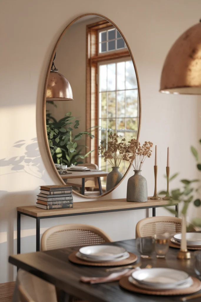 Miroir décoratif dans une salle à manger reflétant la lumière naturelle, avec console étroite et décoration soignée
