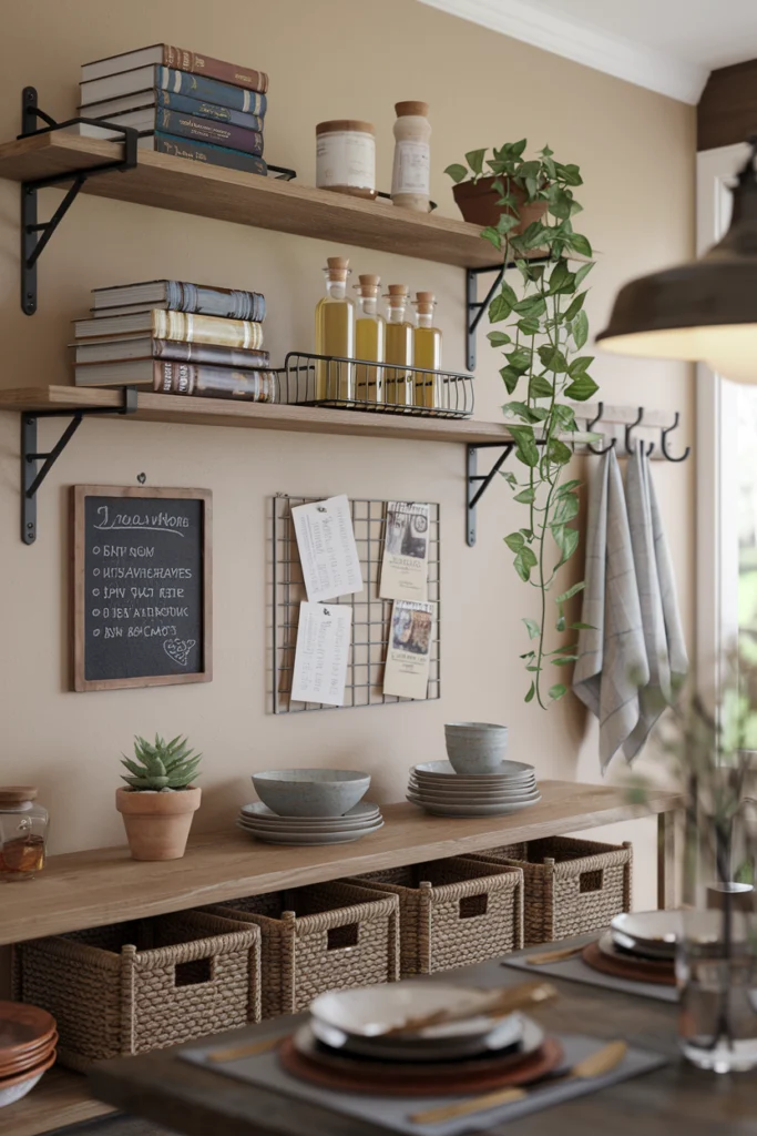 Étagères décoratives pratiques dans une salle à manger - rangement livres de cuisine, plantes et objets déco