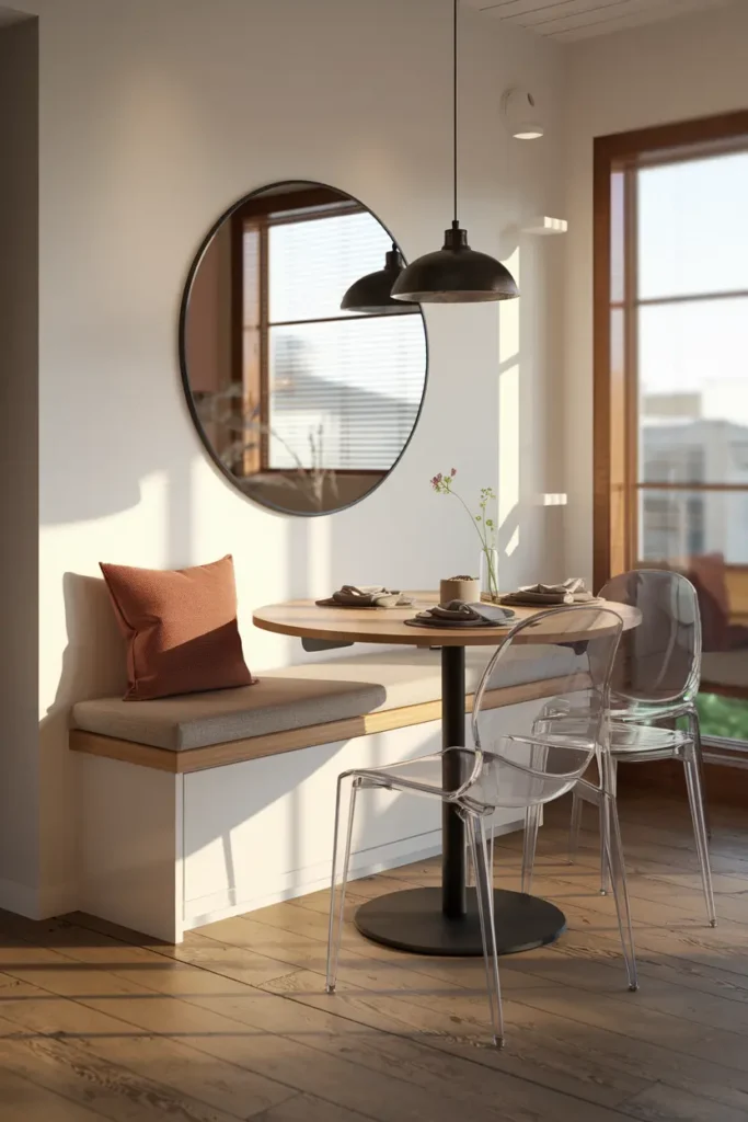 Coin repas astucieux pour petit espace avec table ronde extensible, banquette de rangement et chaises design