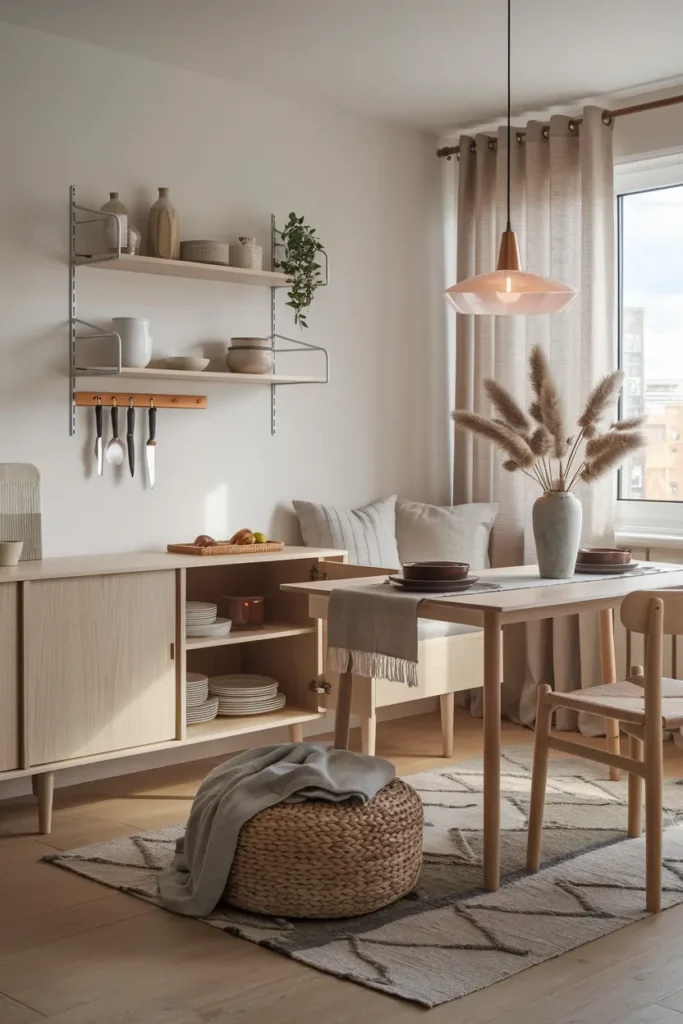 Rangements discrets et cosy pour petite salle à manger : buffet à portes coulissantes, banquette de rangement et étagères murales
