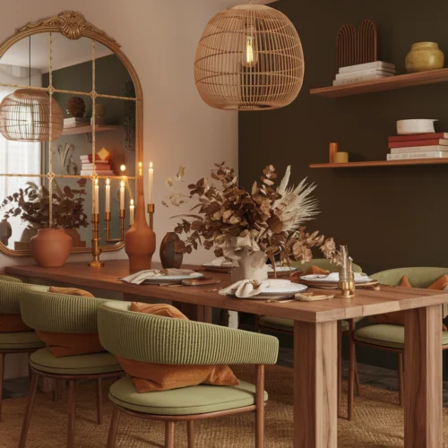 Salle à manger – Orange pastel RAL 2003 (mur d’accent) – Convivialité et chaleur