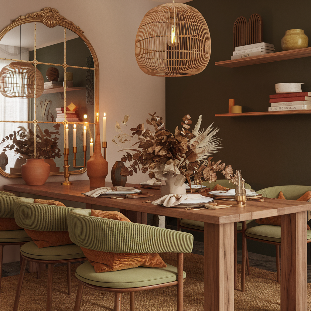 Décoration salle à manger cosy avec table en bois, éclairage chaleureux et touches naturelles pour une ambiance conviviale.