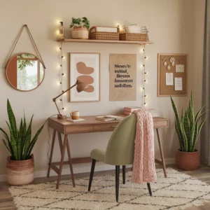 Décoration bureau cosy avec bureau en bois clair, chaise en velours vert sauge, éclairage chaud, plantes vertes et rangements esthétiques pour un espace de travail productif et douillet