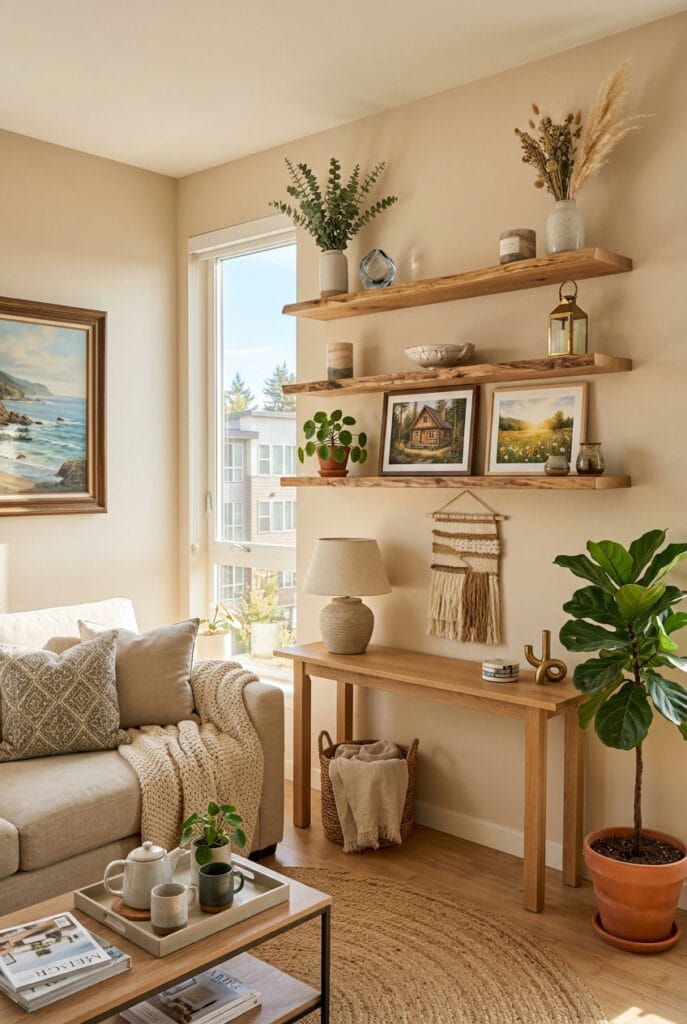 Décoration murale salon avec étagères flottantes en bois naturel discrètes et fonctionnelles pour une atmosphère chaleureuse