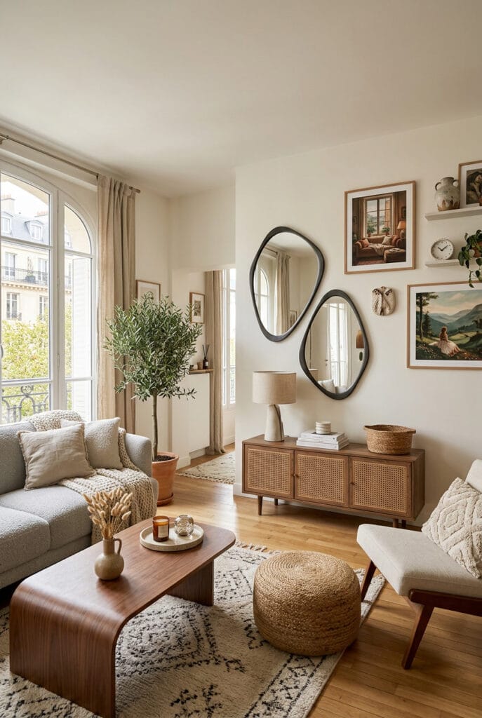 Décoration murale salon avec miroirs aux formes organiques irrégulières en rotin et bois brut pour une atmosphère élégante et naturelle