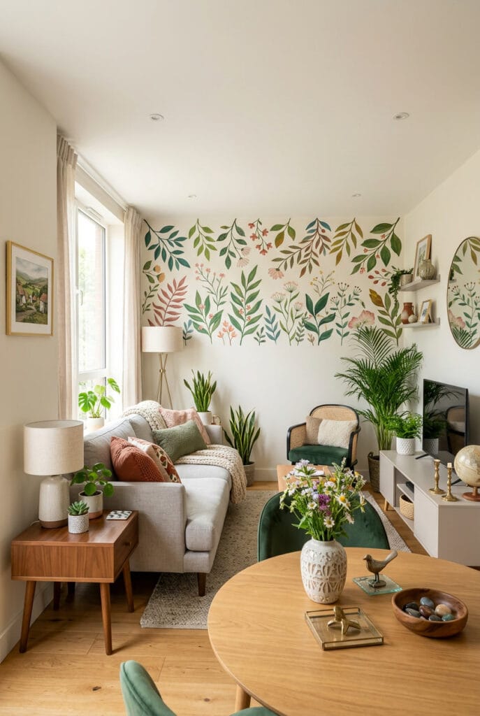 Décoration murale salon avec fresque végétale aux motifs botaniques fougères et feuillages pour une atmosphère apaisante et naturell