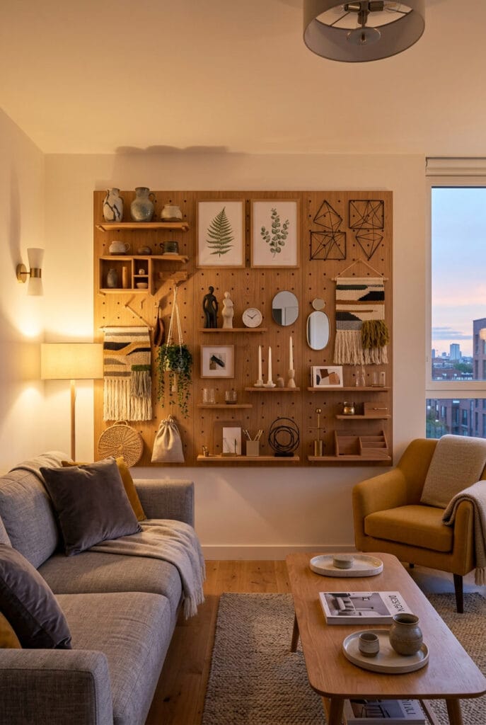 Décoration murale salon avec pegboard en bois personnalisable combinant étagères plantes et objets déco pour une déco évolutive