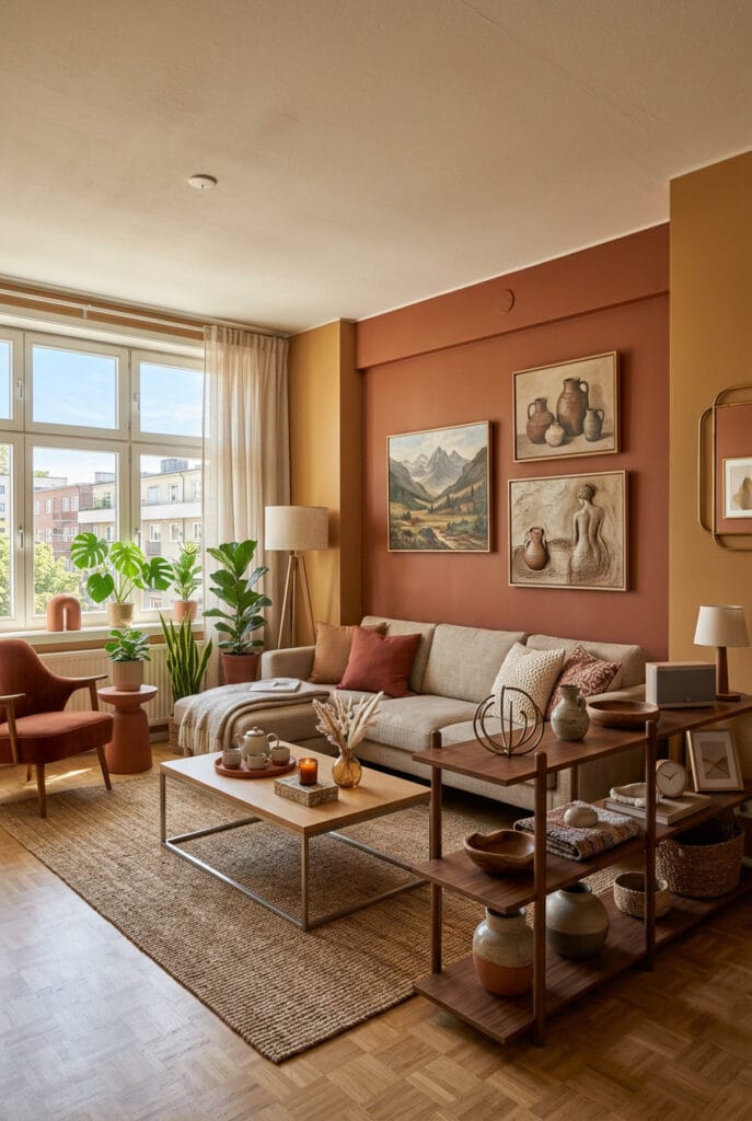 Décoration murale salon avec peinture aux tons terreux beige ocre et terracotta pour une ambiance chaleureuse et réconfortante
