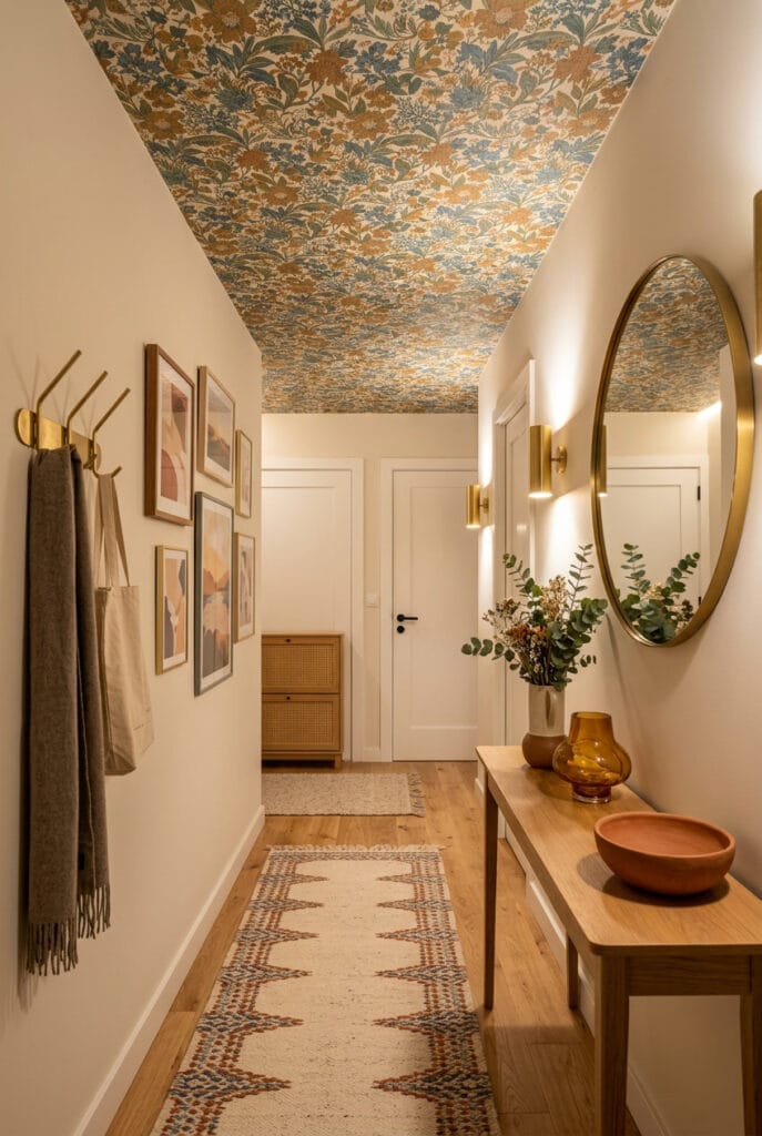 Papier peint posé au plafond créant un effet surprenant et audacieux qui transforme et sublime l'ensemble de l'intérieur