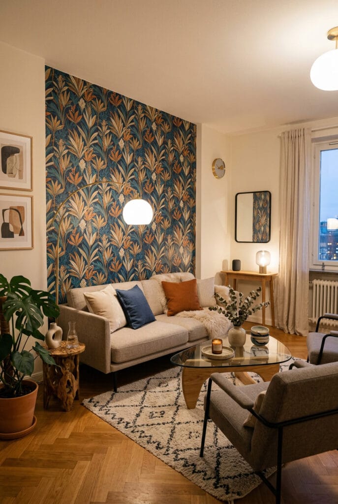Intérieur harmonieux avec papier peint à motifs chargés associé à des meubles aux lignes épurées et tons neutres créant un équilibre visuel aéré et élégant