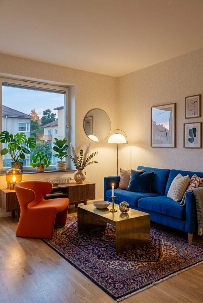Papier peint uni discret mettant en valeur des meubles design et colorés audacieux dans un intérieur équilibré et contemporain