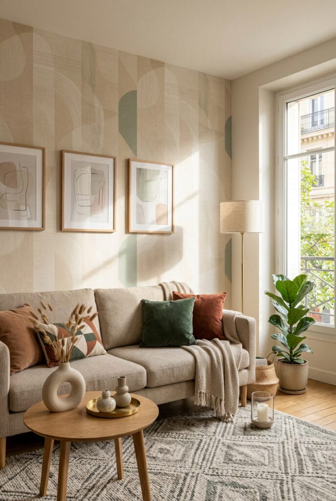 Papier peint aux motifs géométriques doux et lignes discrètes créant une atmosphère apaisante et cosy dans un intérieur chaleureux et harmonieux