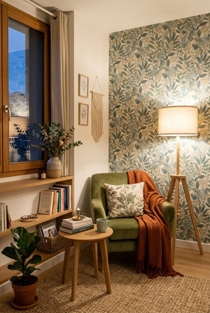 Papier peint aux couleurs douces et motifs harmonieux habillant un intérieur cosy et chaleureux avec élégance et sérénité