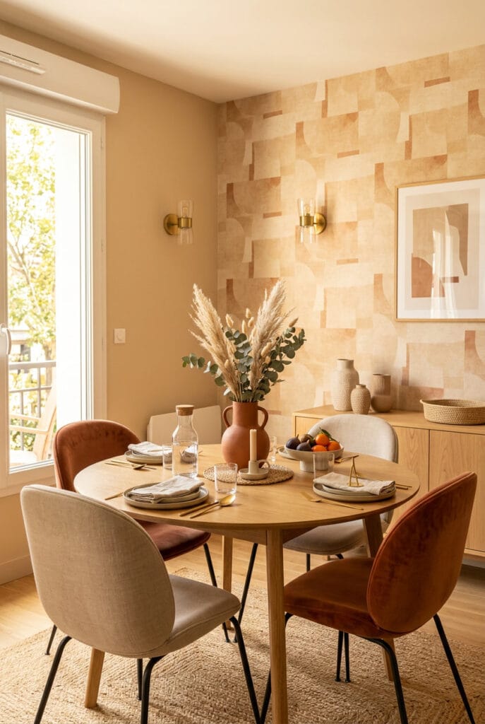 Papier peint cocooning aux tons chauds naturels terracotta et sable habillant un intérieur d'une atmosphère douce enveloppante et apaisante