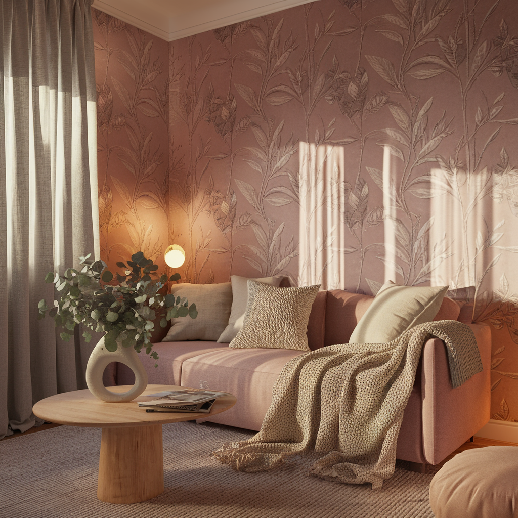Papier peint botanique dans un salon cosy, murs habillés de motifs feuillages verts et beiges, décoration chaleureuse avec canapé en velours et éclairage doux.