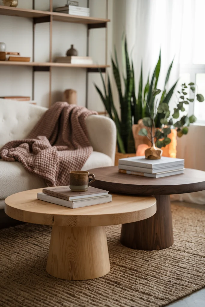 Comparaison de tables basses en bois massif (chêne, frêne, noyer) dans un intérieur cosy avec plaids en laine et éclairage doux.