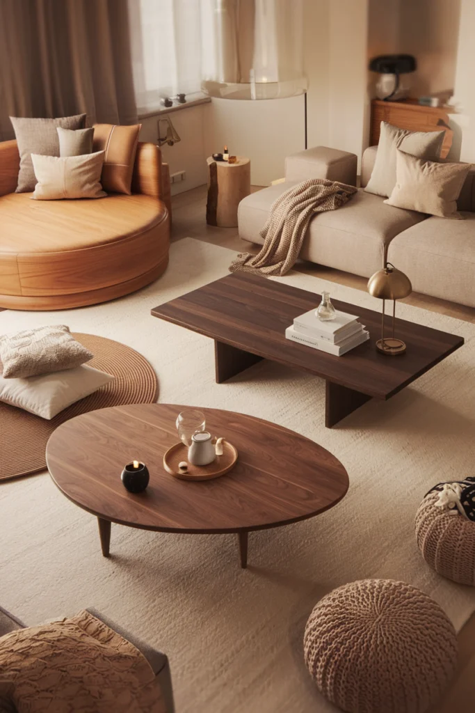 Combinaison de tables basses rectangulaires et ovales en bois dans un grand salon cosy