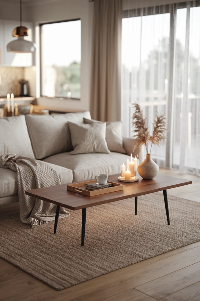 Canapé en tissu beige avec table basse en bois et pieds métal noirs, tapis en jute, dans un salon cosy et harmonieux.