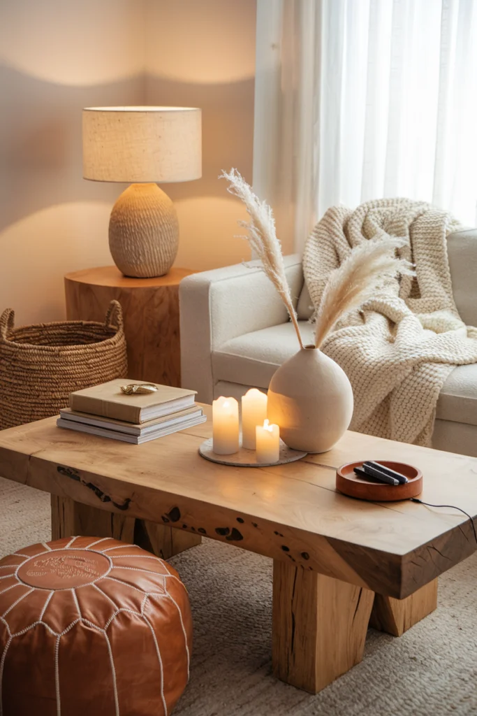 Table basse en bois brut avec textures cosy : plateau en verre, plaid en cachemire, corbeille en rotin et bougie parfumée dans un salon chaleureux.