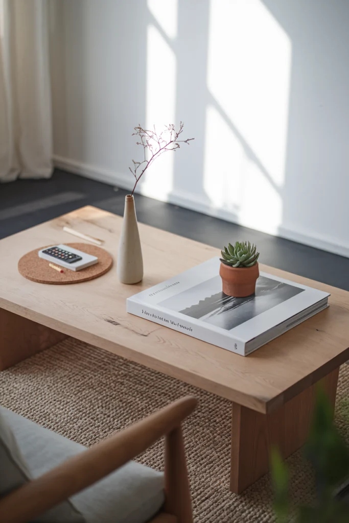 Table basse bois minimaliste avec décor épuré : livre d'art, plante grasse en pot terre cuite et vase céramique dans un salon cosy.