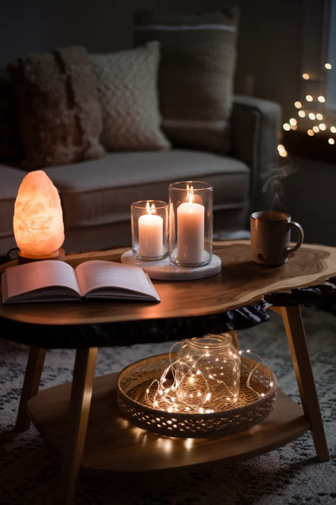 Table basse bois éclairée par des bougies dans des photophores en verre, créant une ambiance intime et chaleureuse