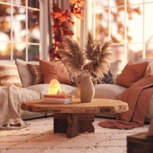 Table basse bois naturel avec décorations cosy : livres, bougie et plaids dans un salon chaleureux.