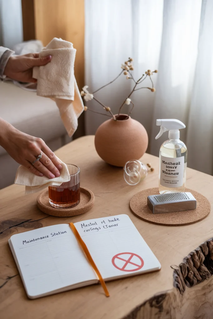 Soins naturels pour table basse bois : cire d'abeille, nettoyant maison et astuces anti-taches dans un salon cosy
