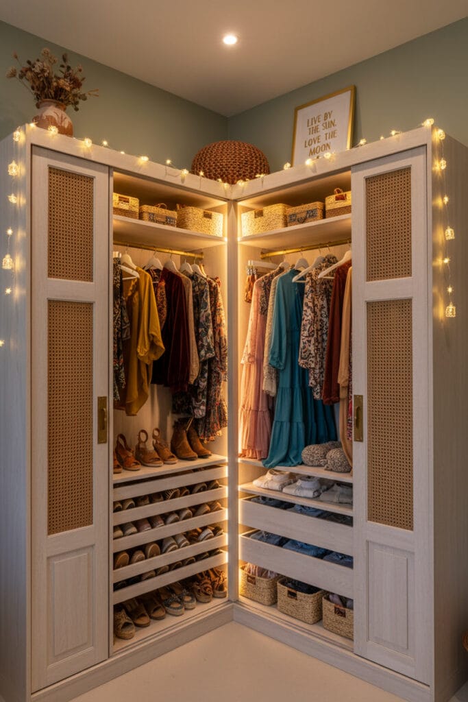 Dressing d’angle complet en style bohème chic, portes panneau légèrement ouvertes laissant deviner des vêtements colorés à l’intérieur, éclairage LED et guirlandes lumineuses, étagères, tiroirs et détails décoratifs