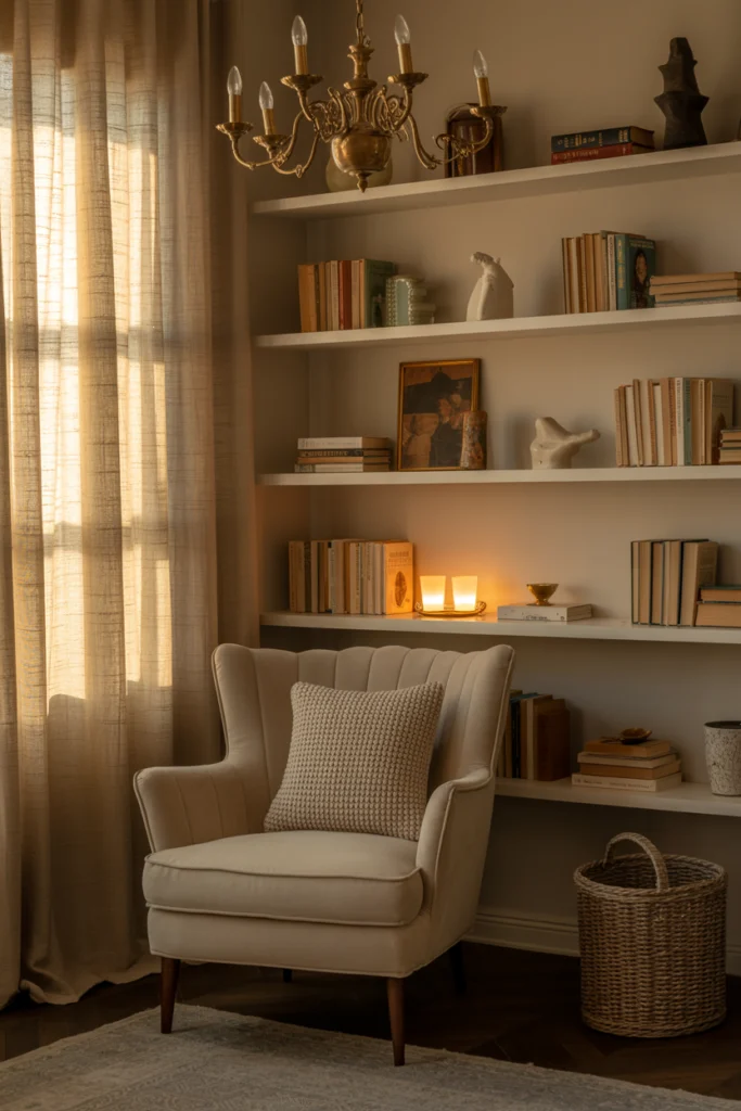 Chandelier en noyer et cuivre patiné illuminant un salon bibliothèque cosy avec matières naturelles
