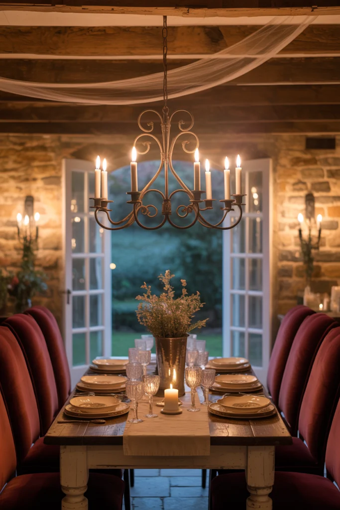 Chandelier en fer forgé suspendu bas au-dessus d'une table à manger rustique, créant une ambiance intime