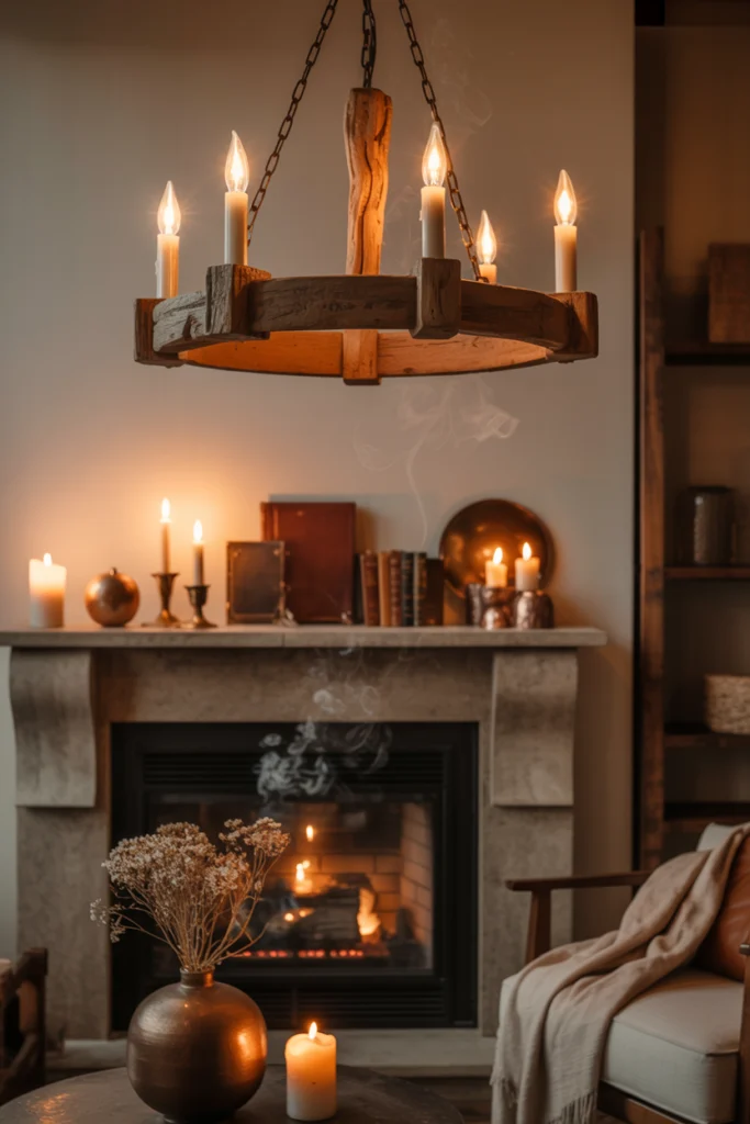 Chandelier en bois rustique et métal patiné éclairant un salon cosy avec cheminée et étagères livres