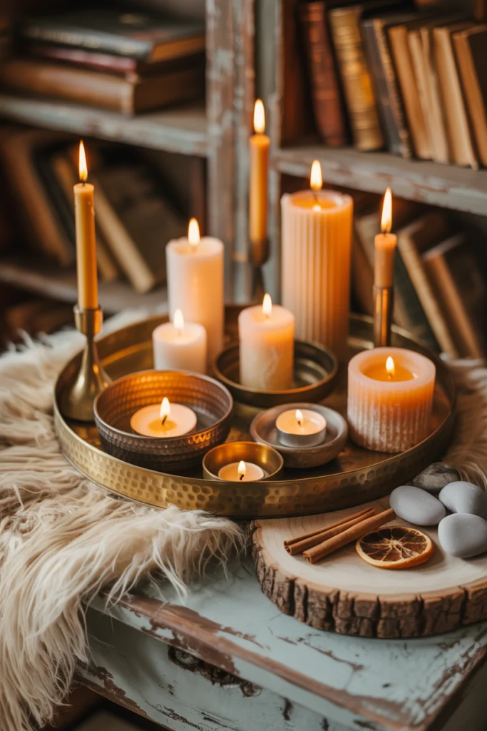Composition cosy associant chandeliers artisanaux, bougies et textures naturelles pour une ambiance chaleureuse