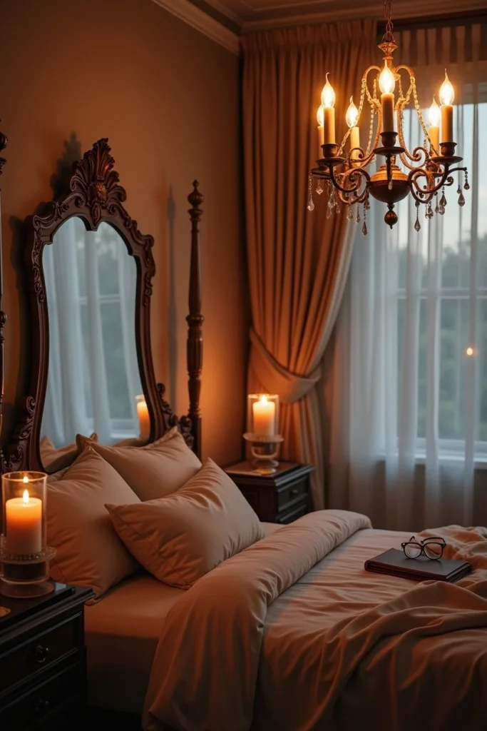 Chandelier en laiton doré éclairant une chambre romantique avec reflets dans un miroir
