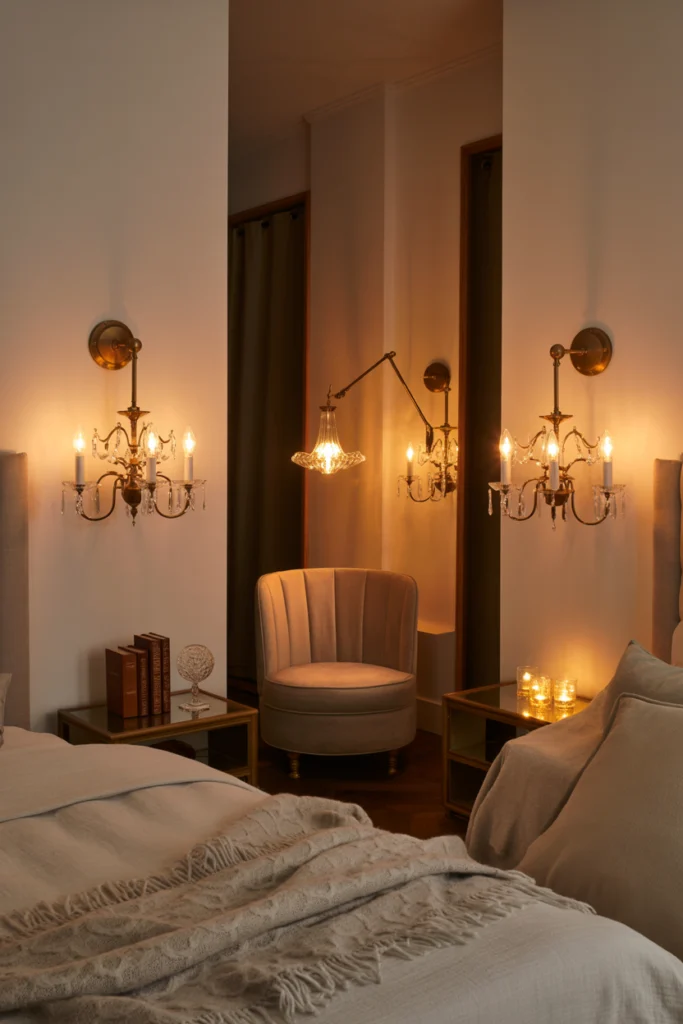 Placement stratégique de chandeliers muraux dans une chambre pour éclairage intime et fonctionnel