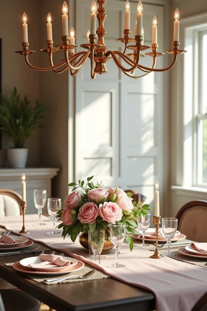 Harmonie tonale parfaite entre chandeliers dorés, éclairage cuivré et déco taupe